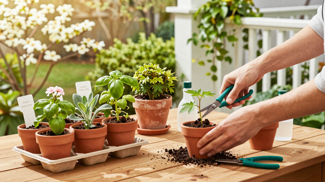 Mãos a podar planta em vaso de barro numa mesa com várias plantas e terra espalhada, num jardim.