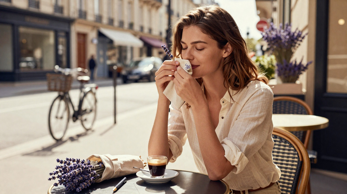 Mulher relaxada a cheirar uma chávena de café numa esplanada com ramo de flores à sua frente.