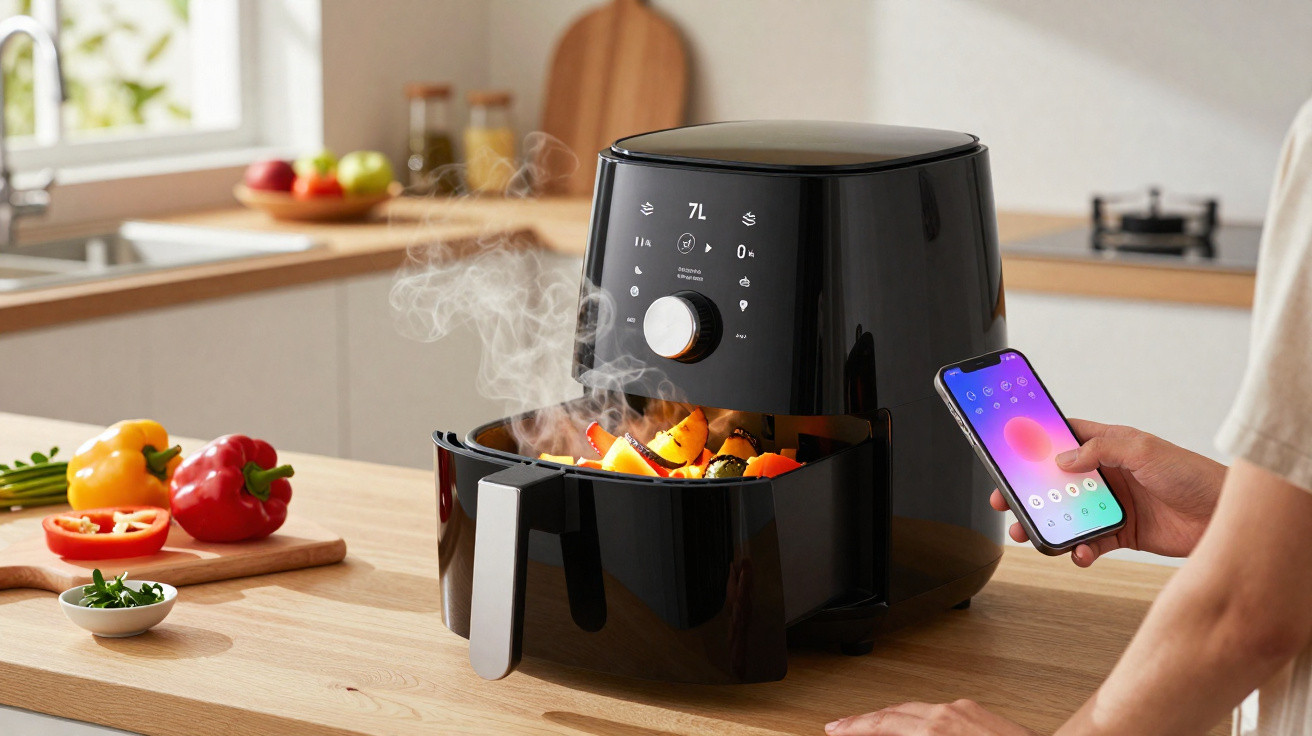 Fritadeira eléctrica digital preta a cozer legumes com vapor, ao lado de mão a controlar com smartphone.