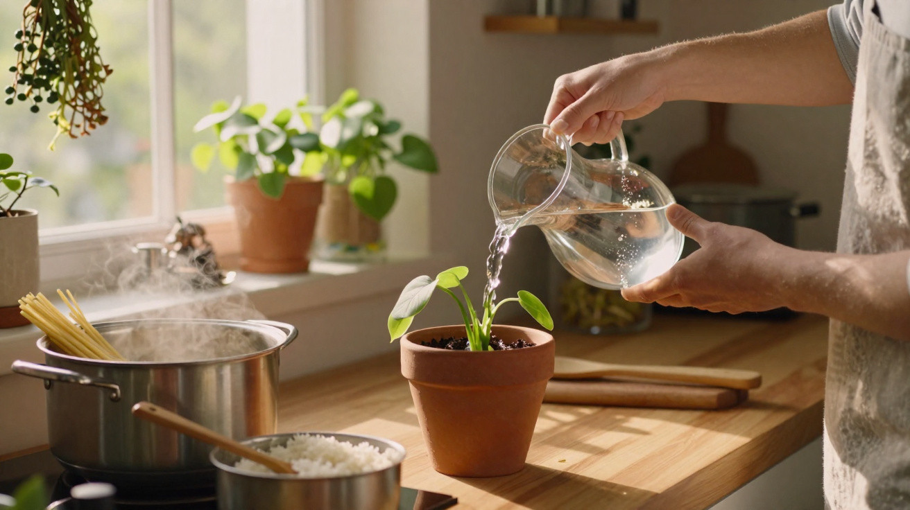 Pessoa a regar planta em vaso de barro numa cozinha com panelas a cozinhar ao fundo.
