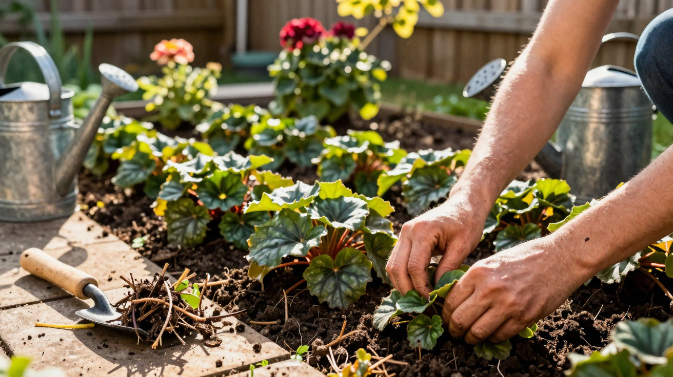 Pessoa a cuidar de plantas num jardim com regadores e uma pequena enxada ao lado.