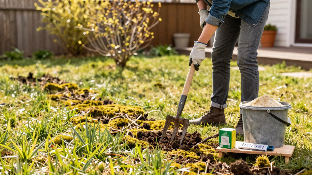 Pessoa de luvas a cavar a terra num jardim com uma enxada, ao lado de um balde e produtos de jardinagem.