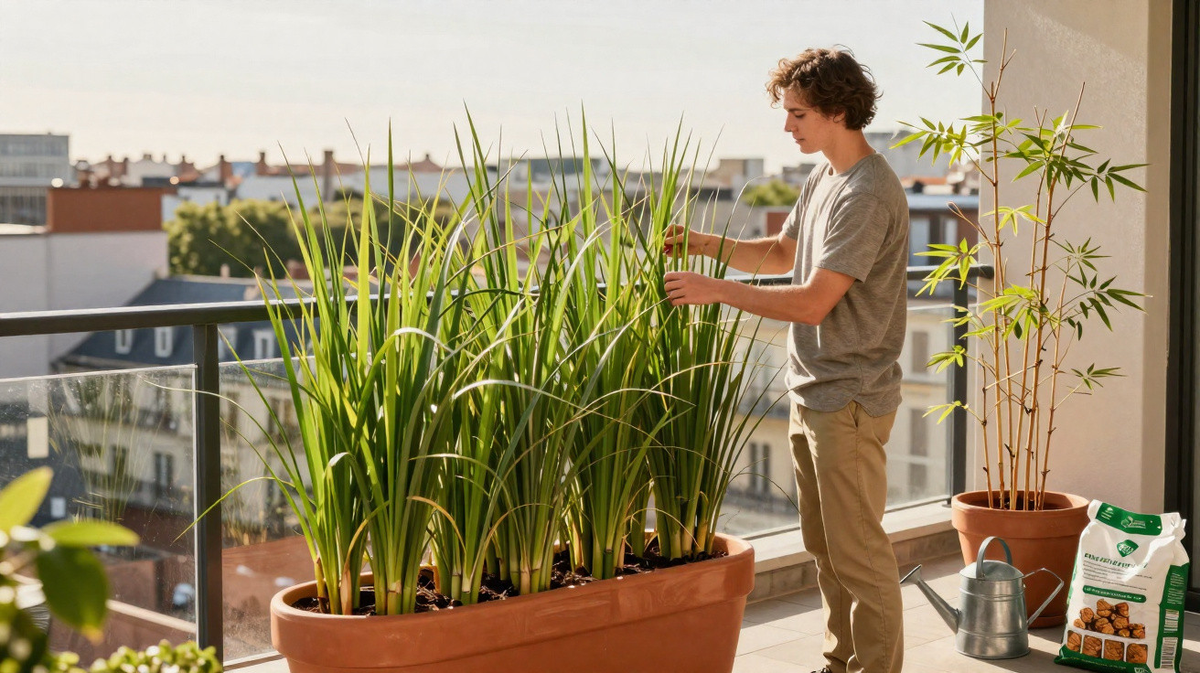 Jovem a cuidar de plantas num vaso grande numa varanda, com edifícios ao fundo ao pôr do sol.