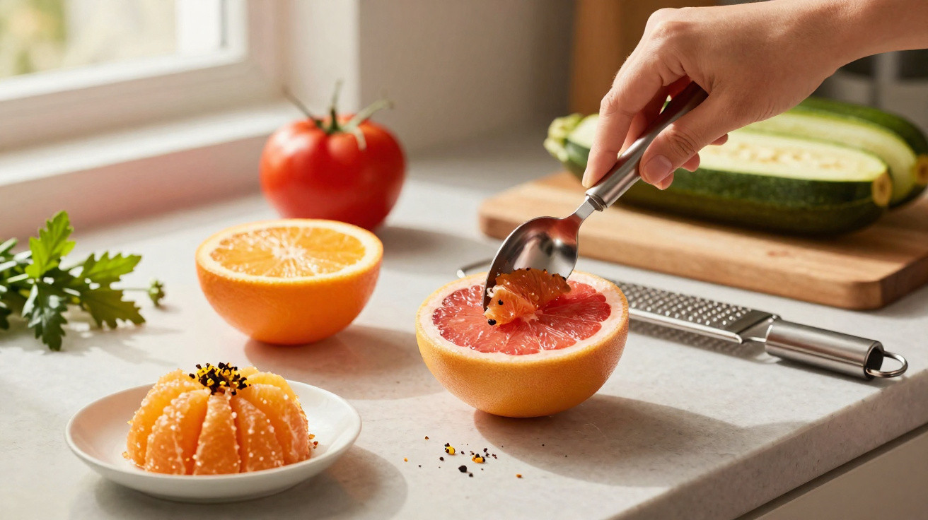 Pessoa a colher polpa de toranja num balcão de cozinha com frutas e legumes.