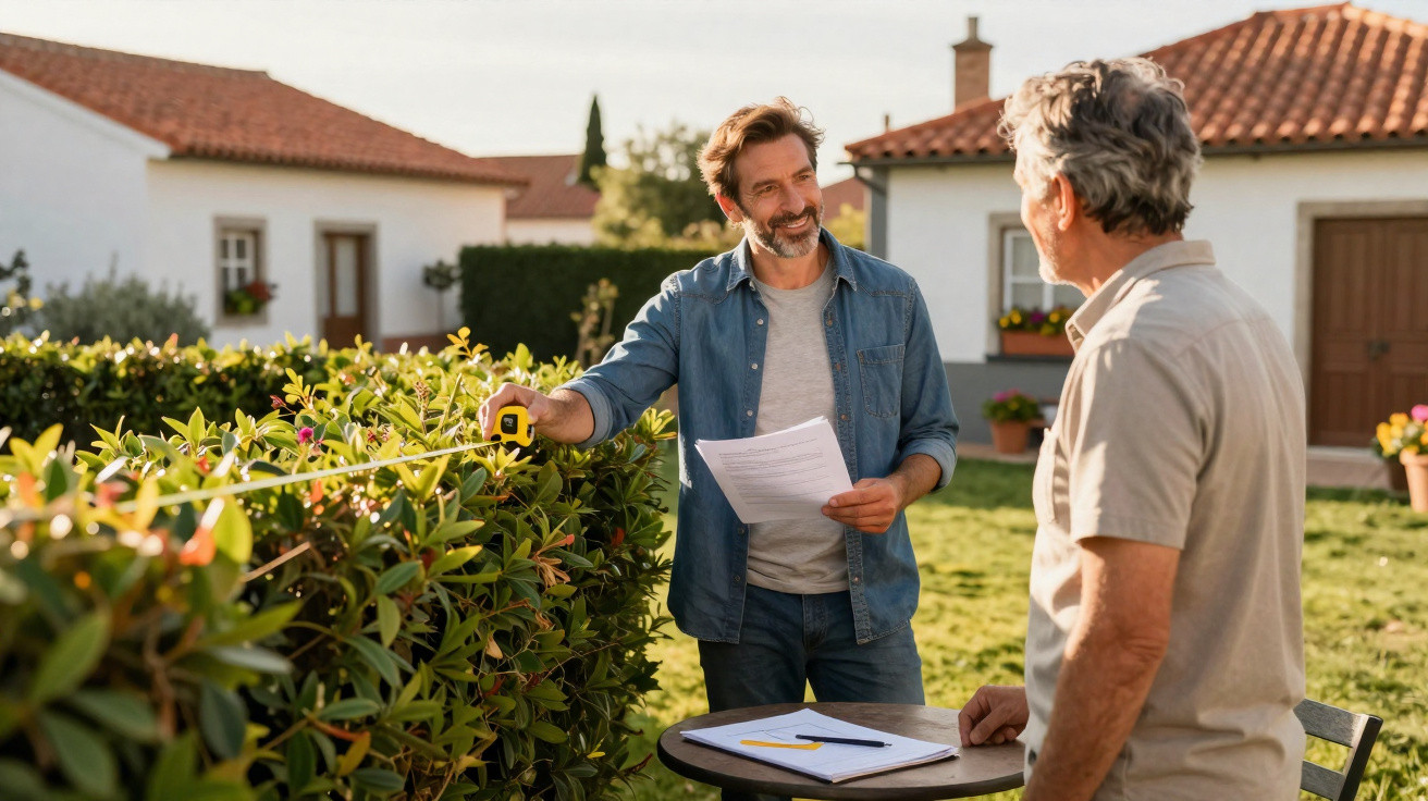 Dois homens a medir e discutir a altura de uma sebe num jardim com casas ao fundo.