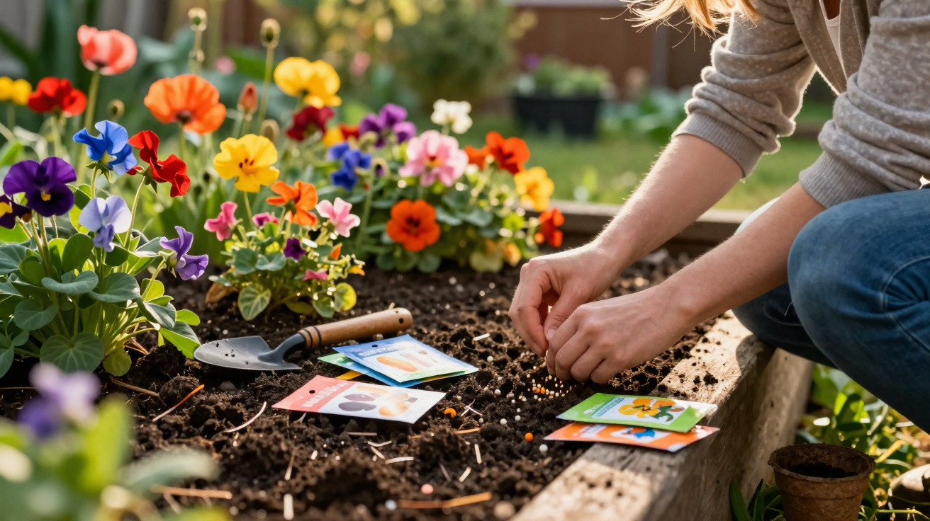 Pessoa a semear flores coloridas num canteiro de jardim com pacotes de sementes e uma pequena pá.