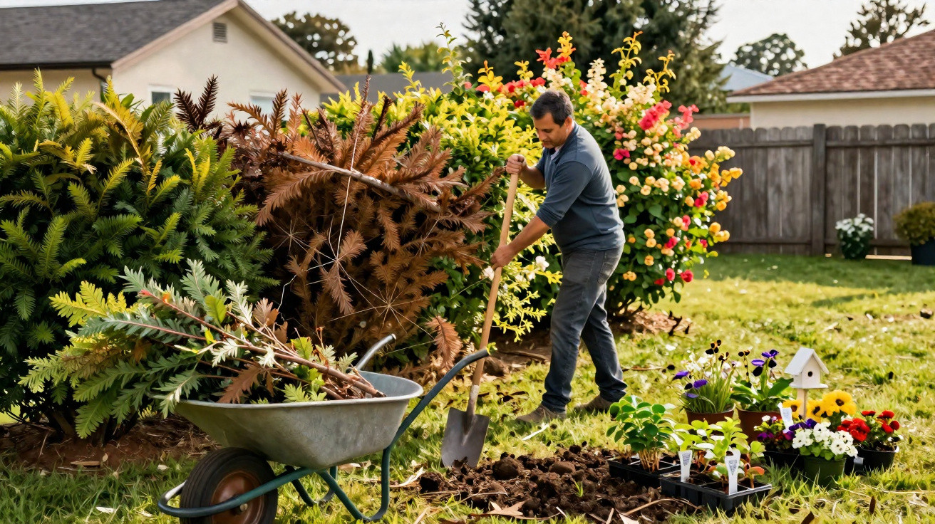 Homem a cavar terra num jardim com carrinho de mão, plantas e flores coloridas ao redor.