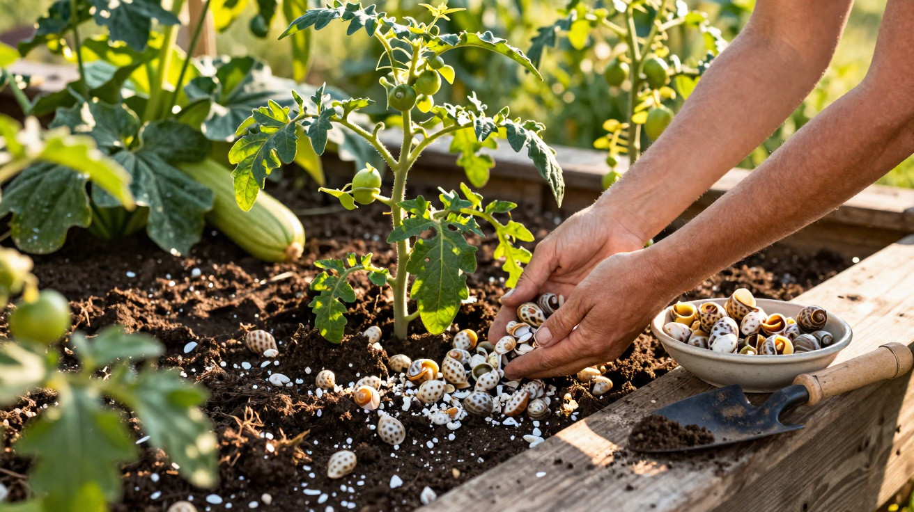 Mãos a espalhar caracóis e cascas na terra junto a planta de tomate num canteiro de jardim.