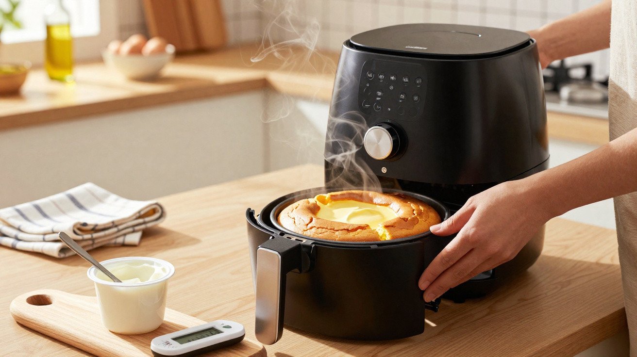 Máquina de ar quente preta a cozinhar um bolo fumegante numa bancada de cozinha de madeira.