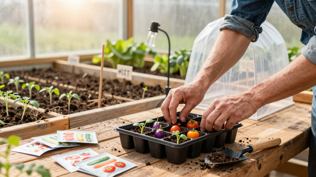 Mãos de pessoa a plantar mudas de tomates e berinjelas numa estufa com várias plantas em cultivo.