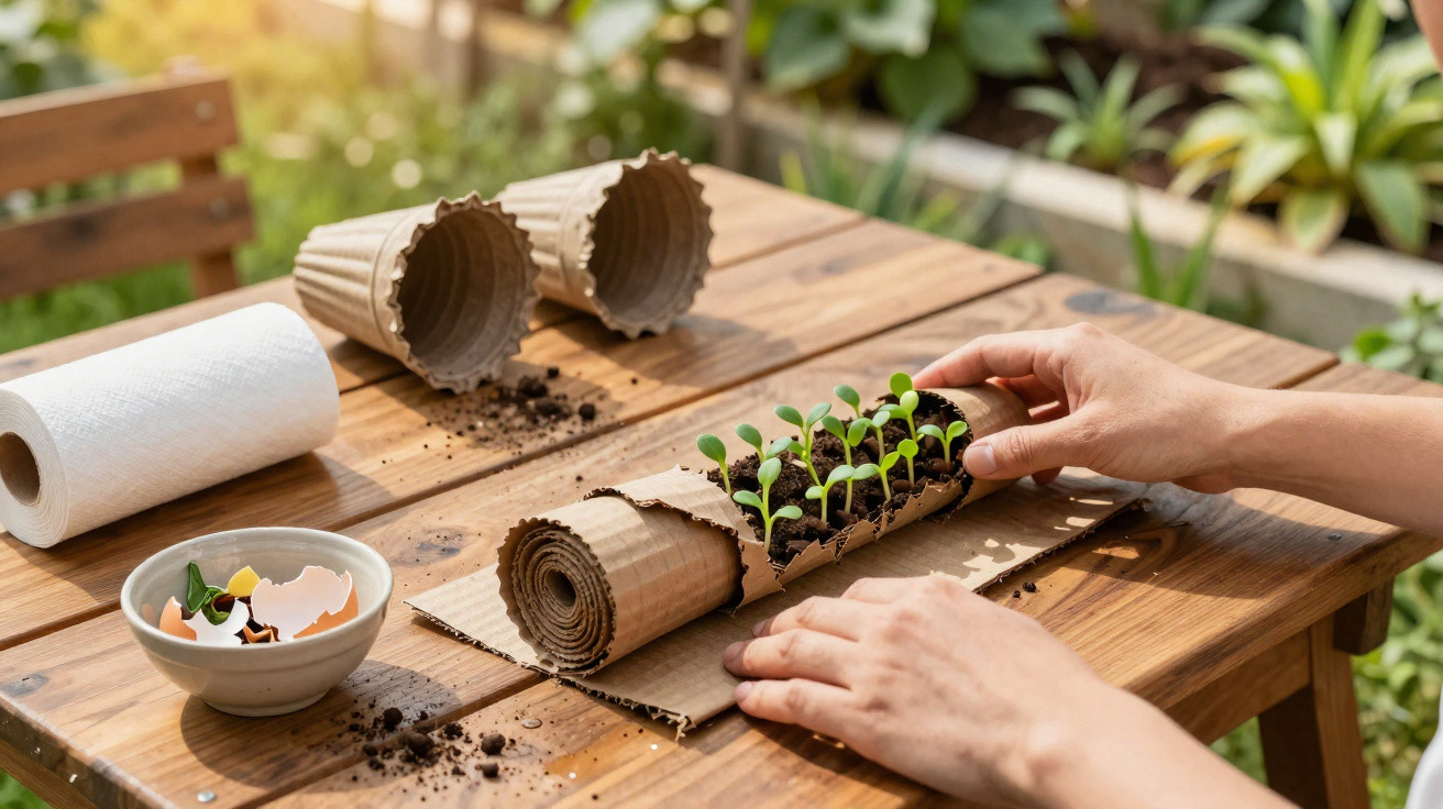 Plantas jovens em estufa de cartão reciclado com mãos a cuidar, no jardim ao ar livre.