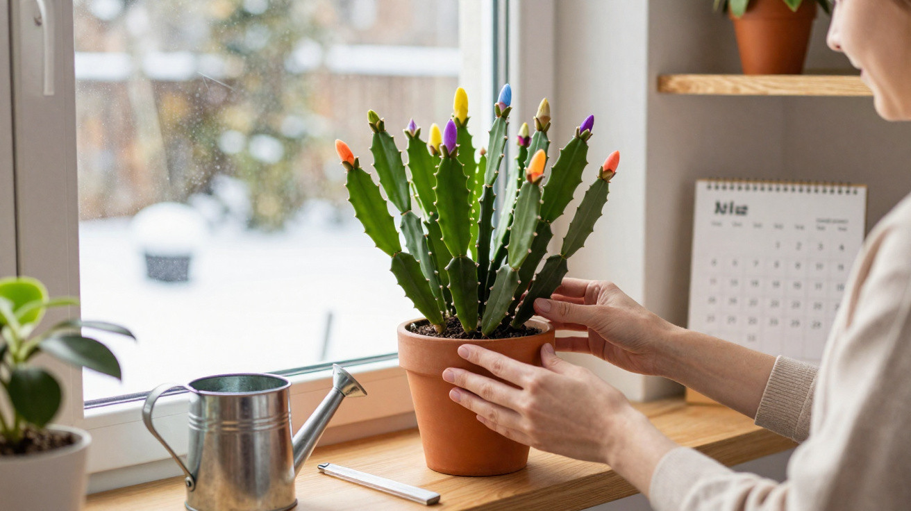 Pessoa a cuidar de cacto decorativo com luzes coloridas numa janela, ao lado de regador e planta pequena.