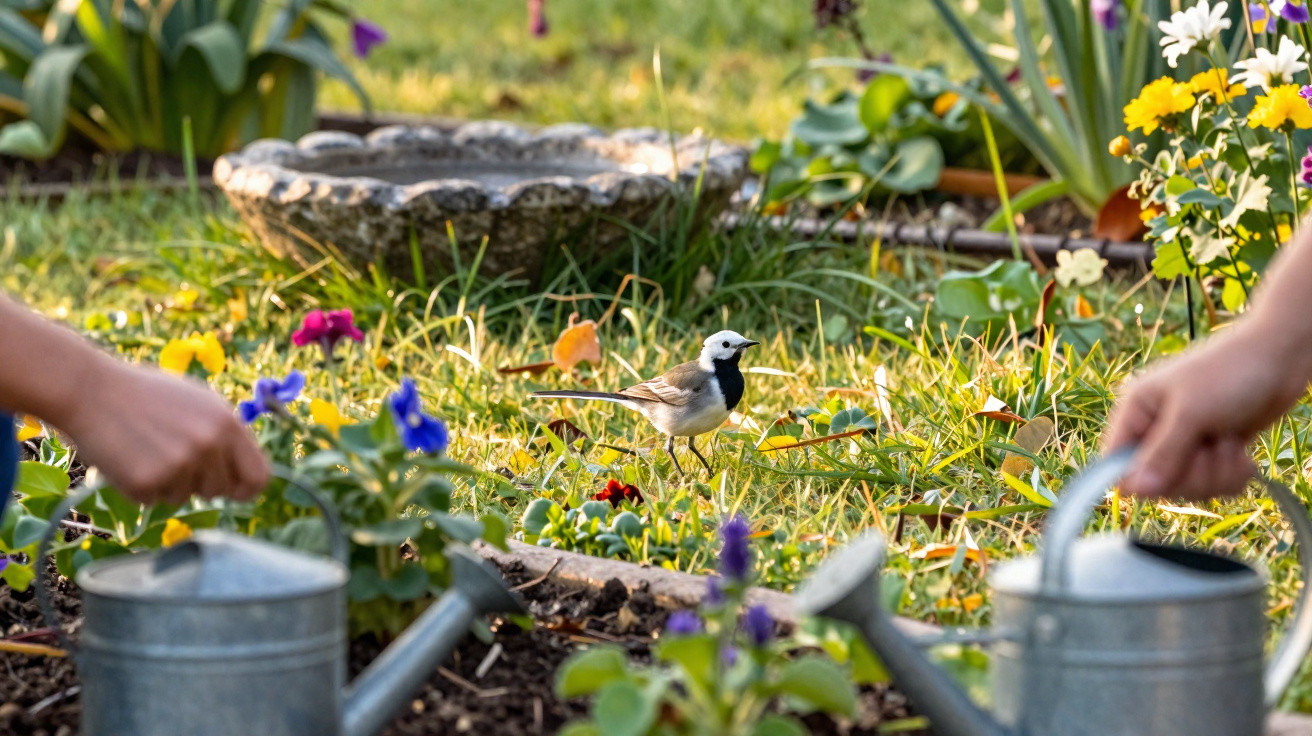 Passarinho no relvado entre flores coloridas, com duas pessoas a regar o jardim com regadores metálicos.