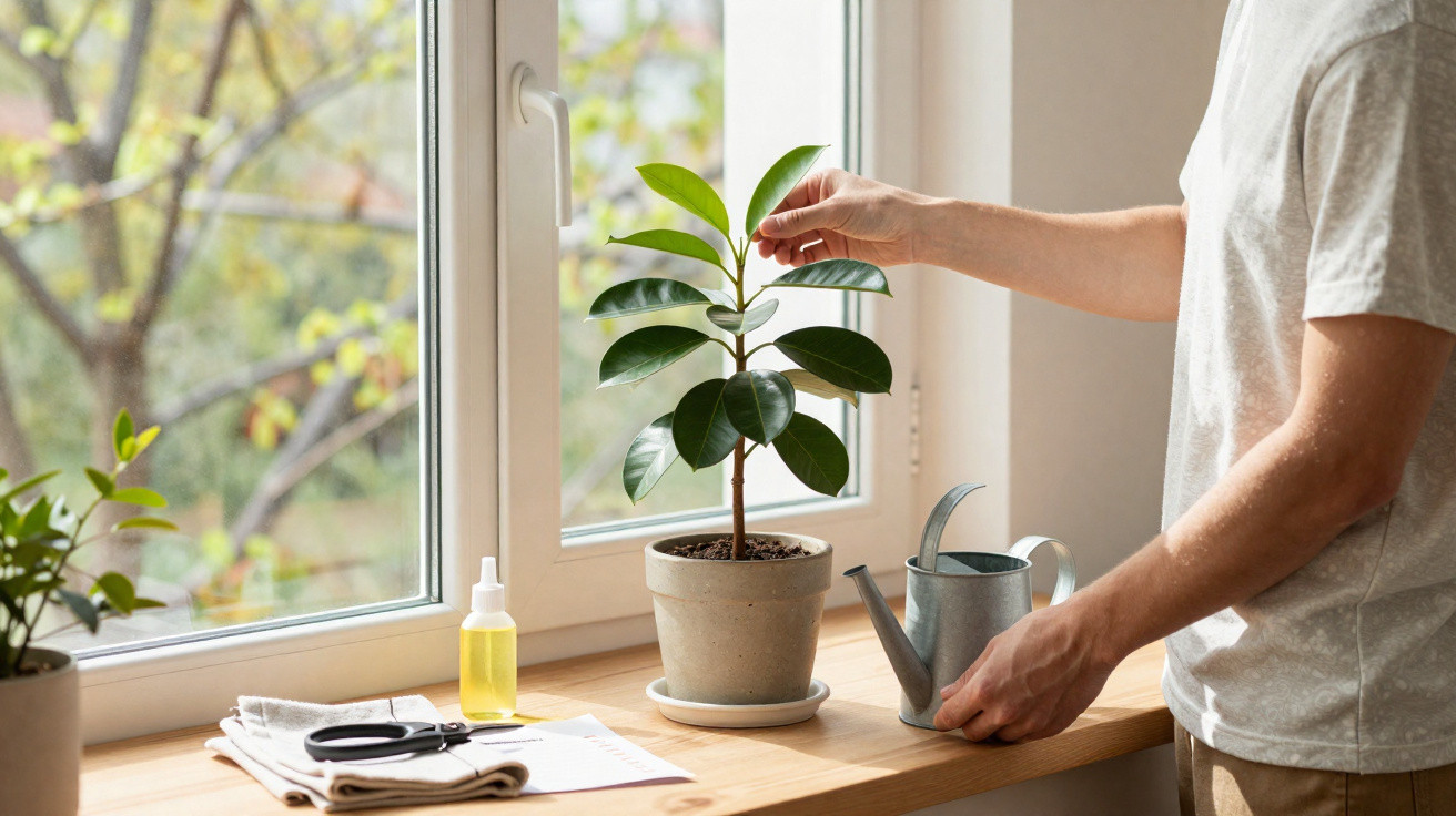 Pessoa a cuidar de planta em vaso junto a janela com regador e tesoura numa superfície de madeira.