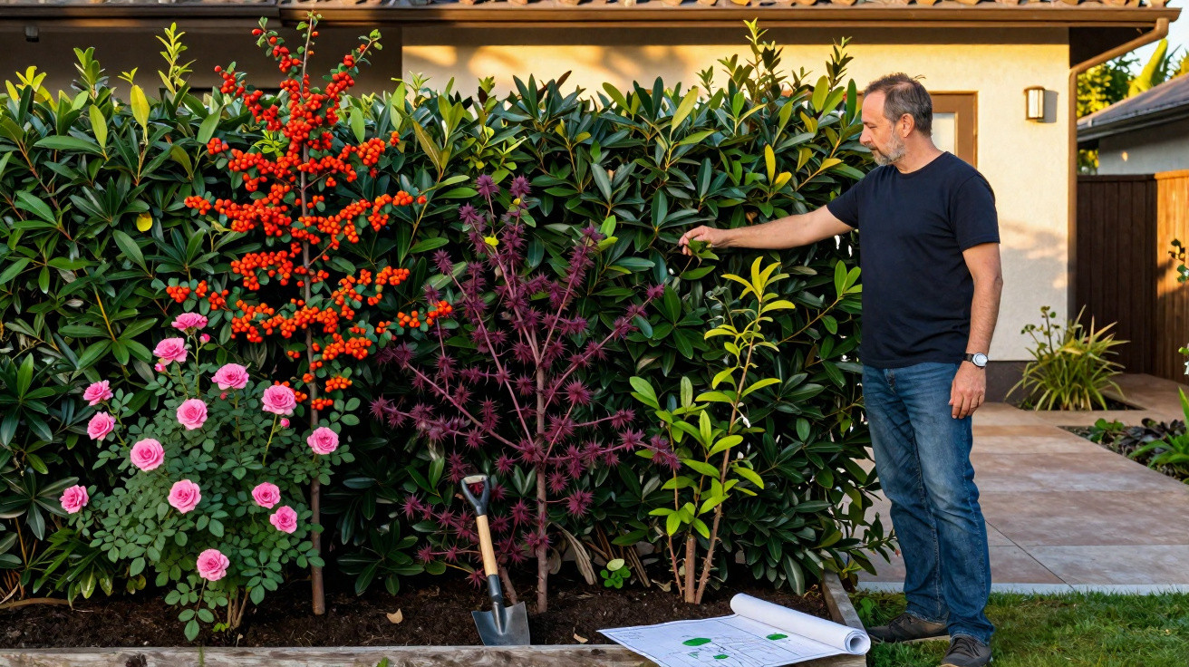 Homem a cuidar de plantas e flores em jardim com plantações coloridas e ferramentas no chão.