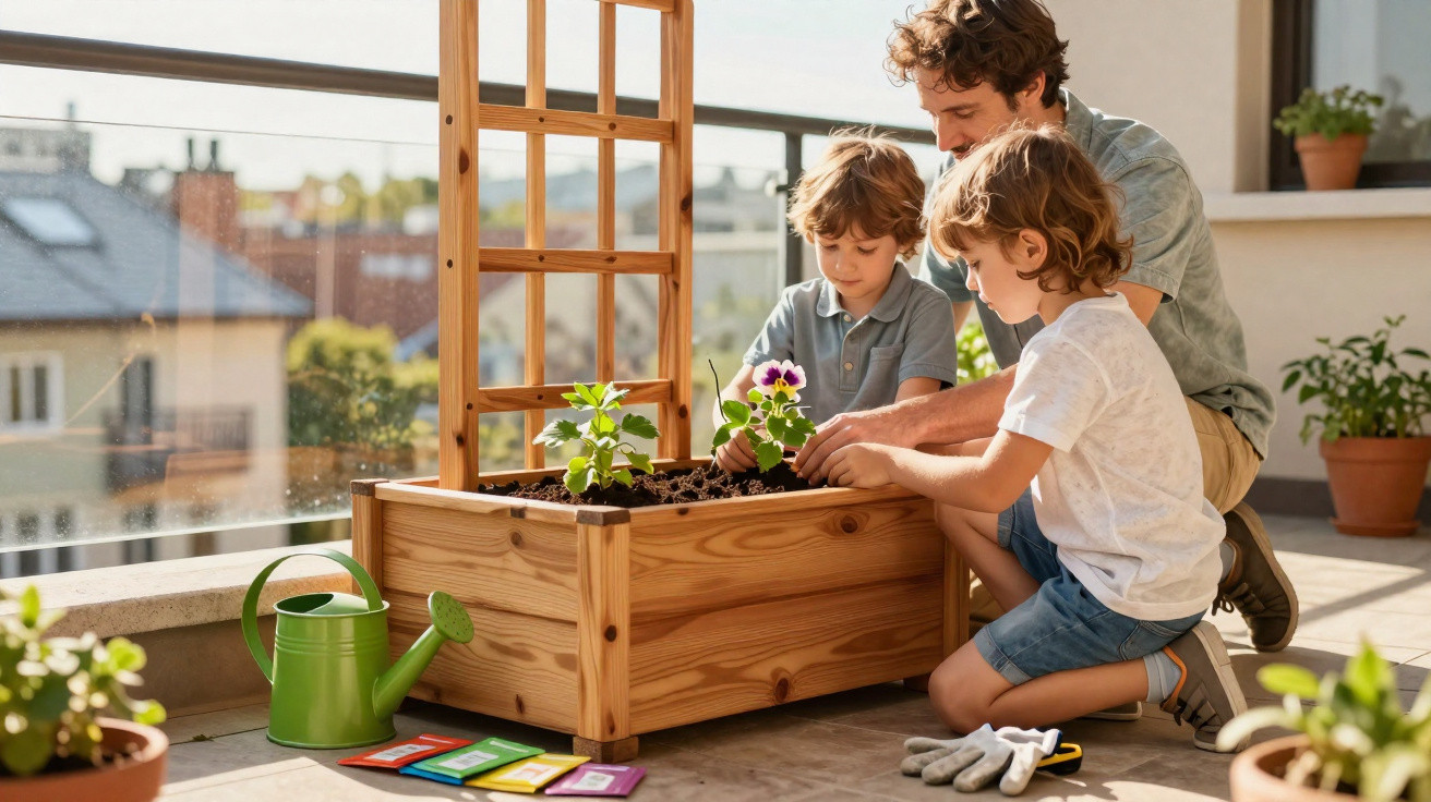 Pai e dois filhos a plantar flores numa varanda com caixa de madeira e regador verde.