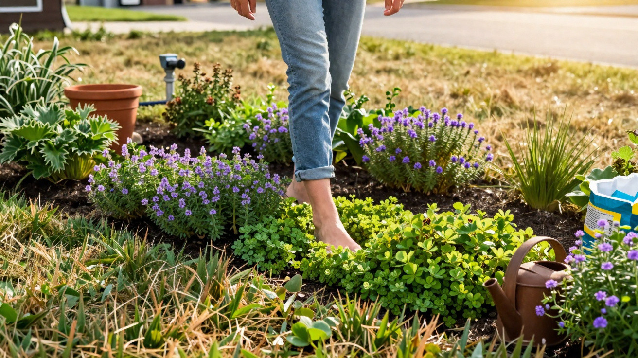 Pessoa descalça a cuidar de plantas e flores num jardim com várias ervas aromáticas e regador castanho.