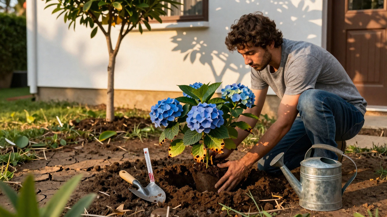 Homem a plantar hortênsia azul no jardim com regador e enxada ao lado, em dia ensolarado.