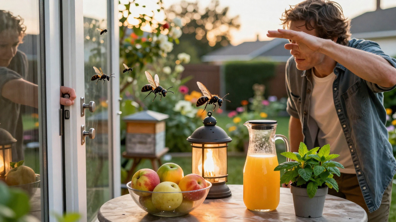 Homem a afastar abelhas junto a mesa com frutas, jarra de sumo e planta num jardim ao entardecer.