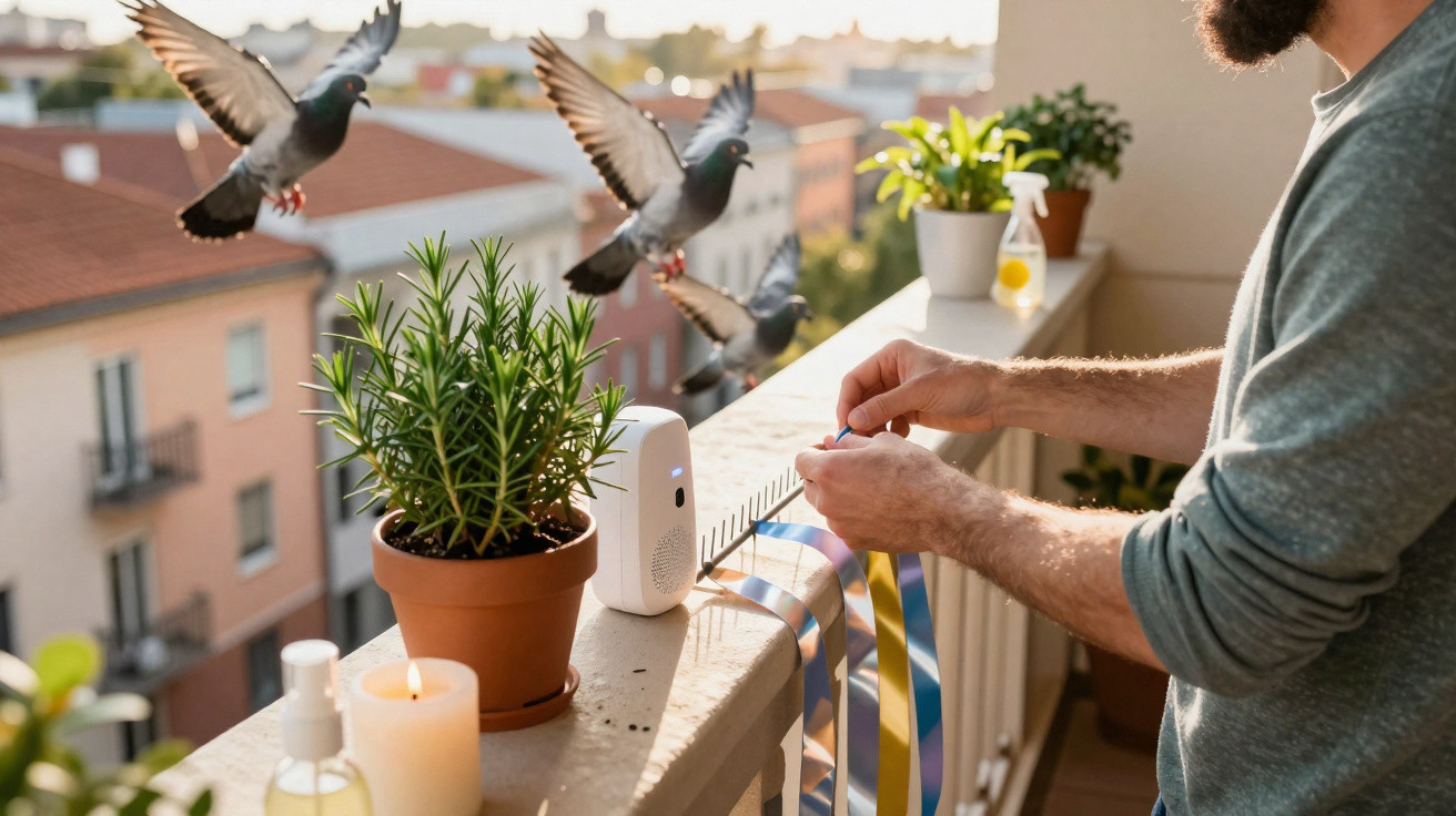 Homem no varandas a afixar fitas coloridas com pombos voando próximos e plantas em vasos ao redor.