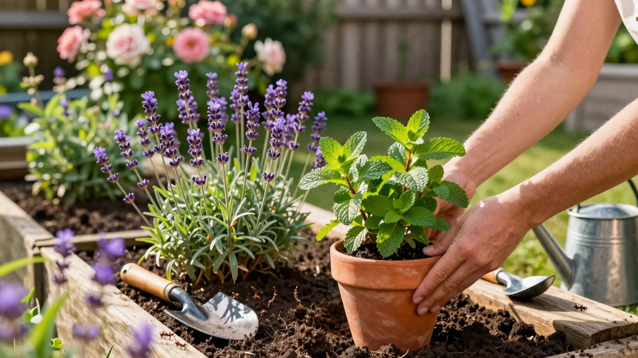 Pessoa a plantar planta em vaso de barro num canteiro com flores e ferramentas de jardinagem.
