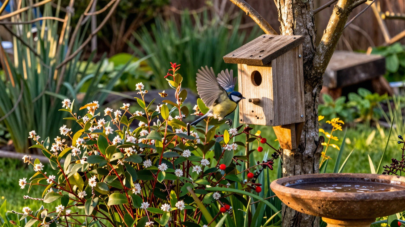 Pássaro a voar perto de casa de madeira para aves num jardim com flores e banho para pássaros.