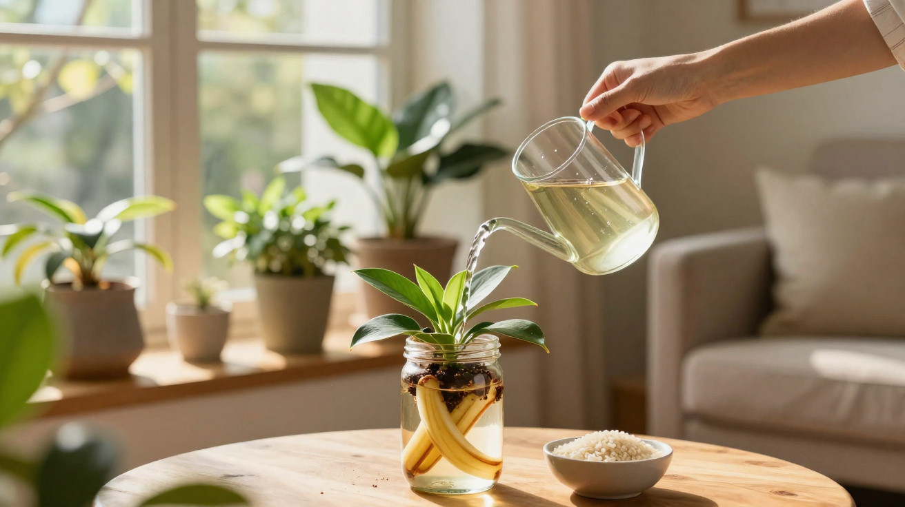 Pessoa a regar planta em jarro de vidro numa sala com luz natural e várias plantas no peitoril da janela.