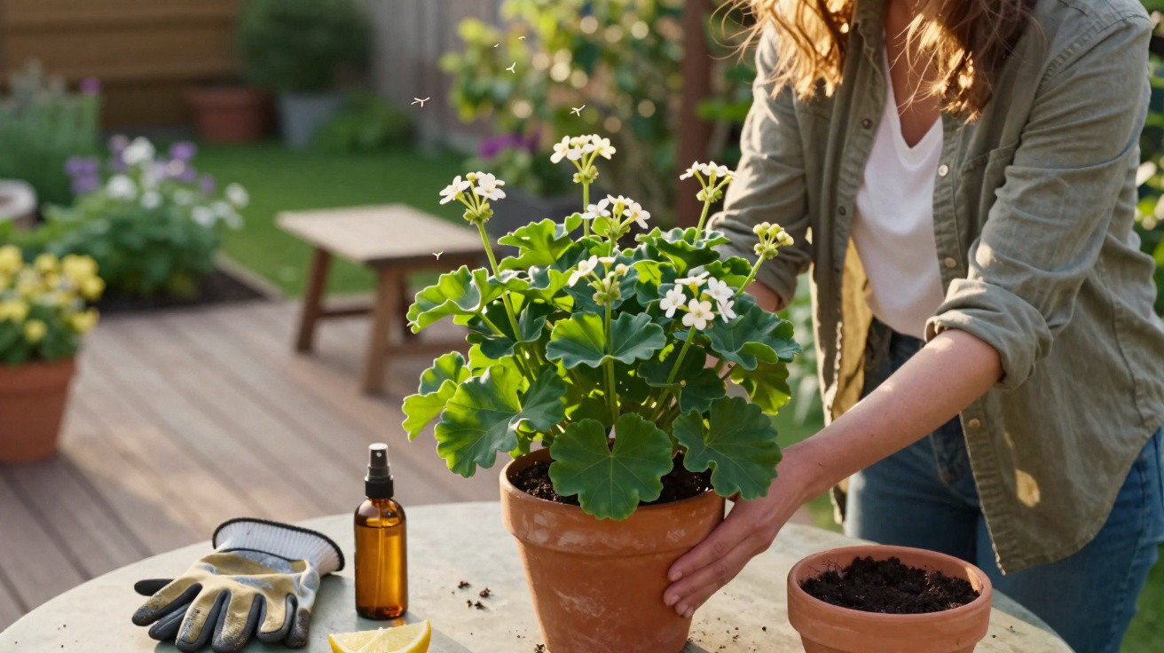 Pessoa a cuidar de planta com flores brancas num vaso terracota, sobre mesa com luvas e pulverizador.