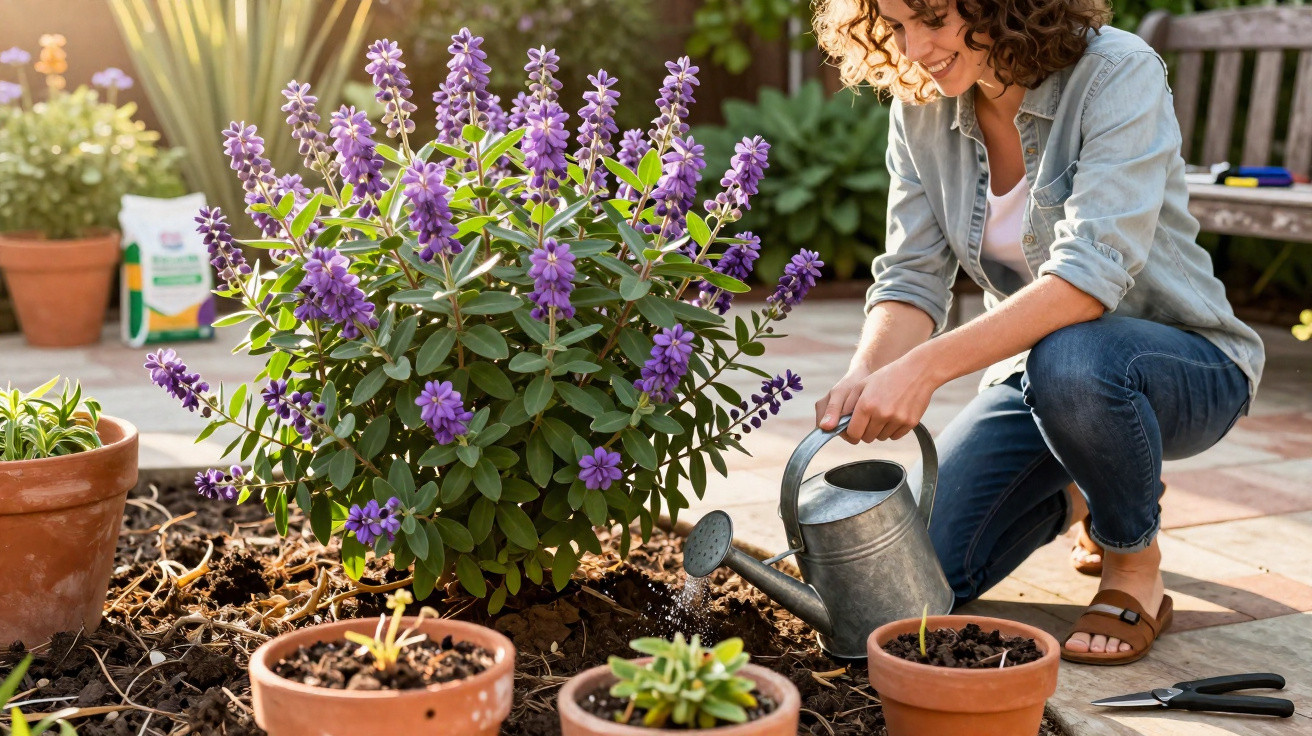 Mulher rega planta com flores roxas num jardim rodeada de vasos de barro ao amanhecer.