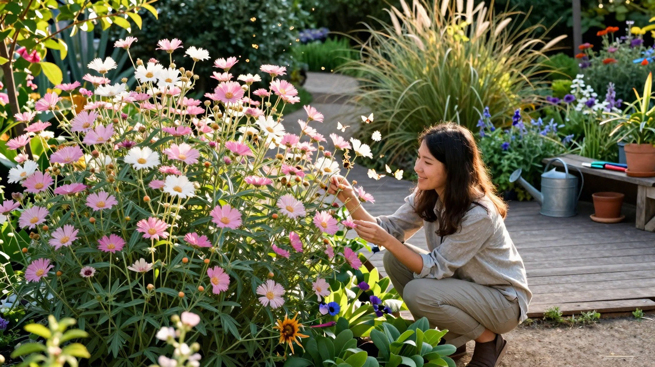 Mulher agachada a cuidar de flores cor-de-rosa e brancas num jardim ensolarado com caminho de madeira.