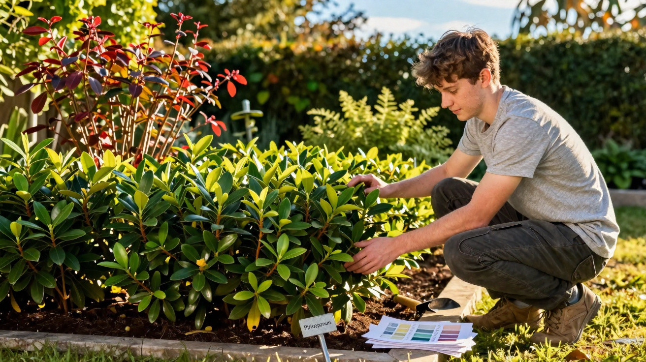 Jovem a cuidar de plantas num jardim, com amostras de cores e etiqueta num canteiro.
