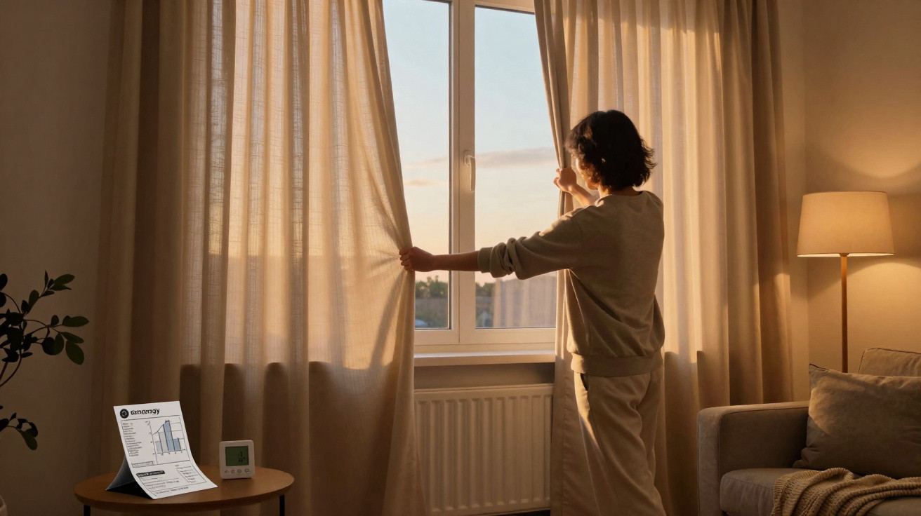 Pessoa abre cortinas de um quarto ao pôr do sol com luz suave e ambiente acolhedor.