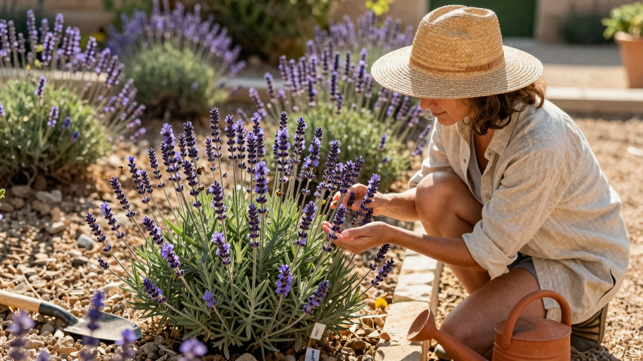 Mulher de chapéu a cuidar de plantas de lavanda num jardim ensolarado com regador e pá.