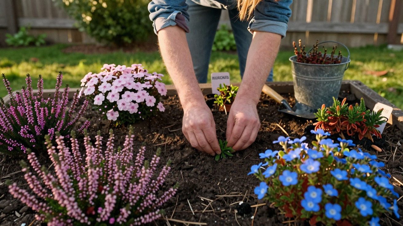 Pessoa a plantar uma pequena flor no jardim rodeada por várias flores coloridas.
