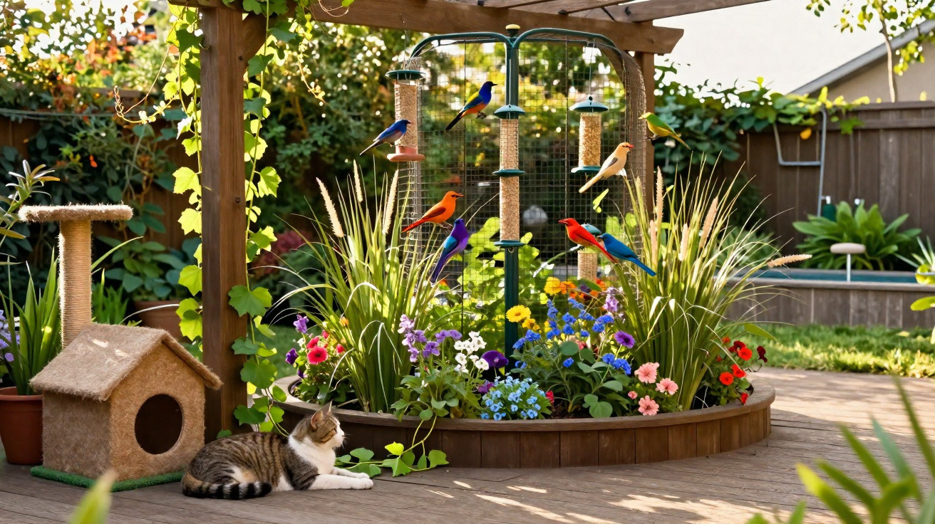 Gato deitado perto de casa para gatos e várias aves coloridas em alimentadores num jardim florido.