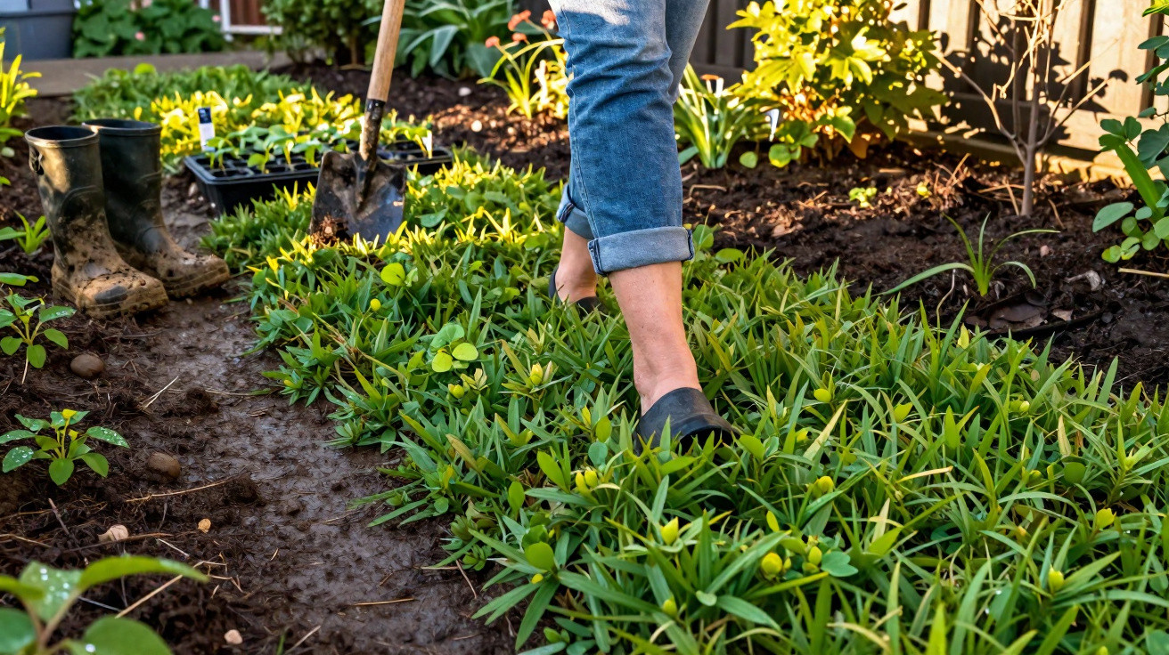 Pessoa a caminhar descalça em área com plantas verdes num jardim, perto de botas e enxada.