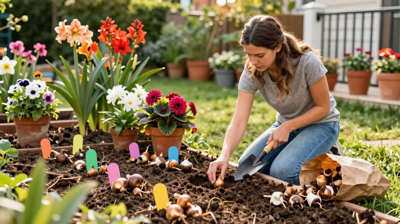 Mulher a plantar bulbos de flores numa cama de jardim com várias flores coloridas ao fundo.