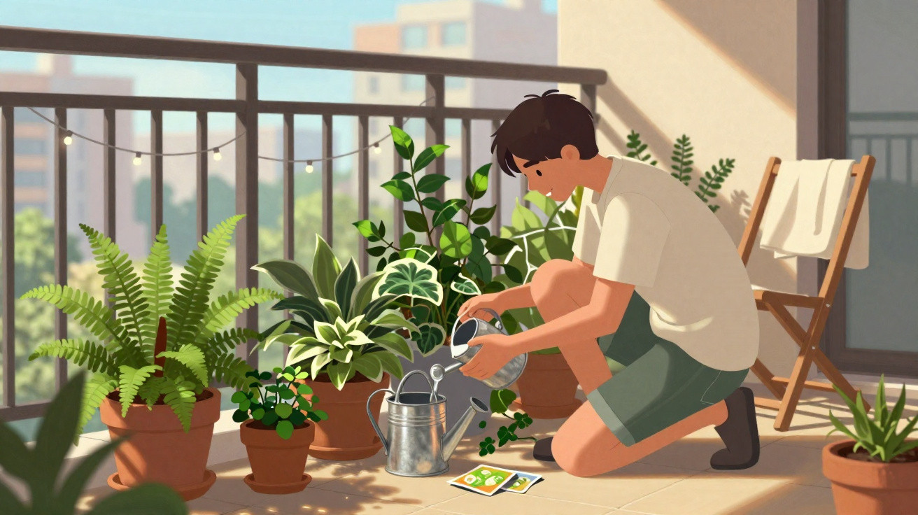 Rapaz a regar plantas em vaso numa varanda ensolarada cheia de vegetação.