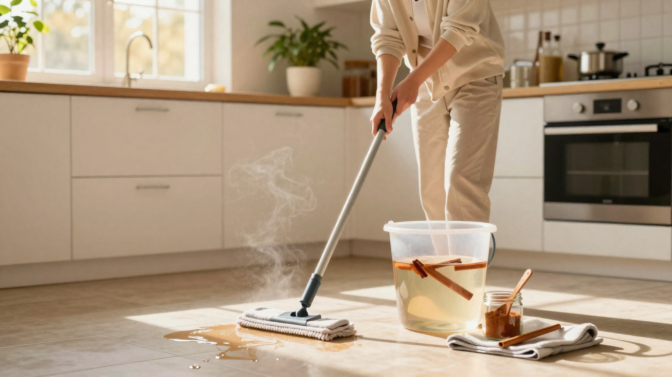 Pessoa a limpar piso da cozinha com esfregona húmida e balde com água e paus de canela.
