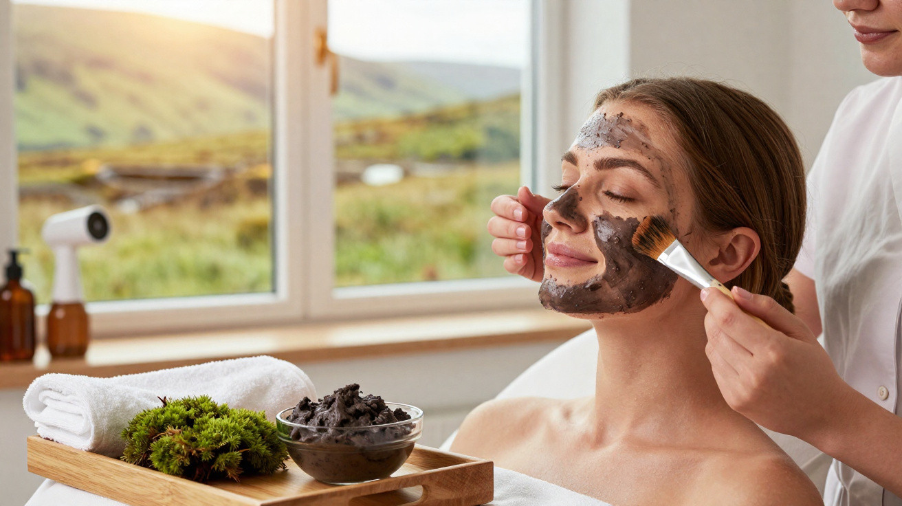 Mulher a receber máscara facial de lama num spa com paisagem natural ao fundo e toalha branca ao lado.