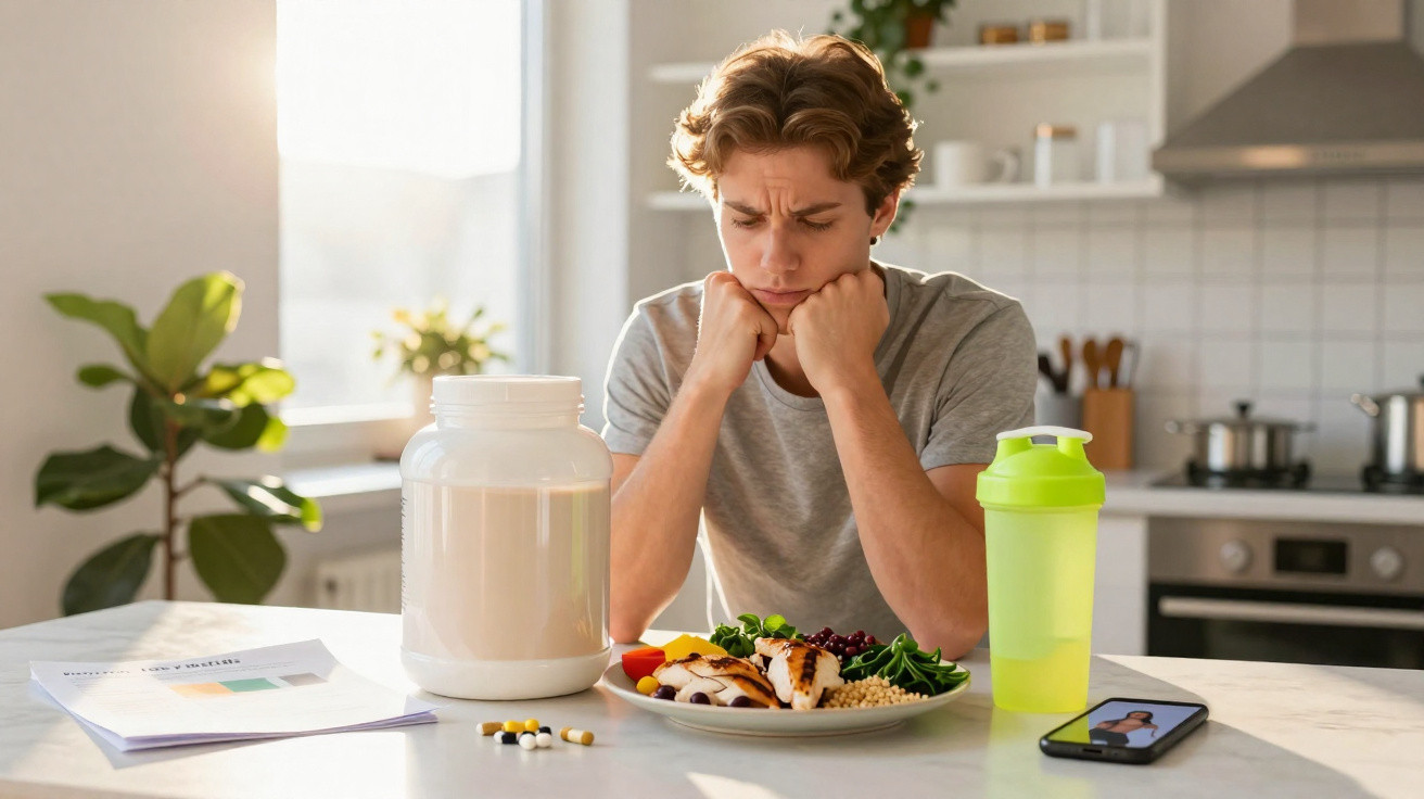 Jovem pensativo sentado à mesa com refeição saudável, suplemento em pó e frascos de vitaminas.