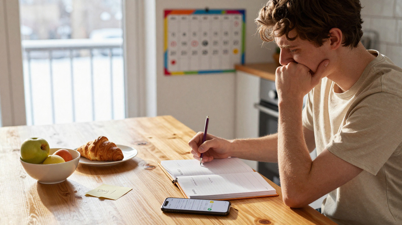 Homem sentado à mesa a escrever num caderno com smartphone e comida à sua frente numa cozinha iluminada.