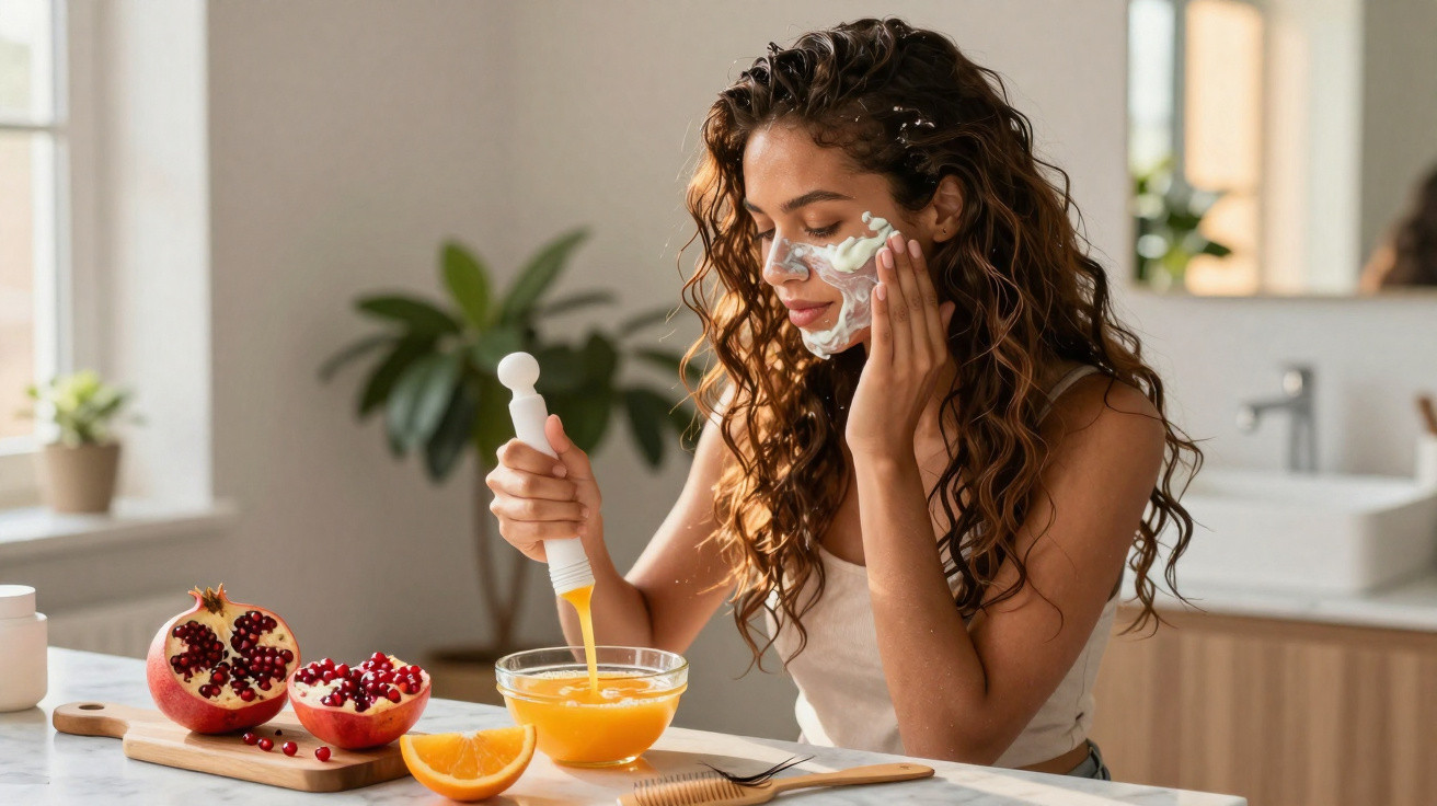 Mulher a aplicar máscara facial caseira com ingredientes naturais numa cozinha luminosa.