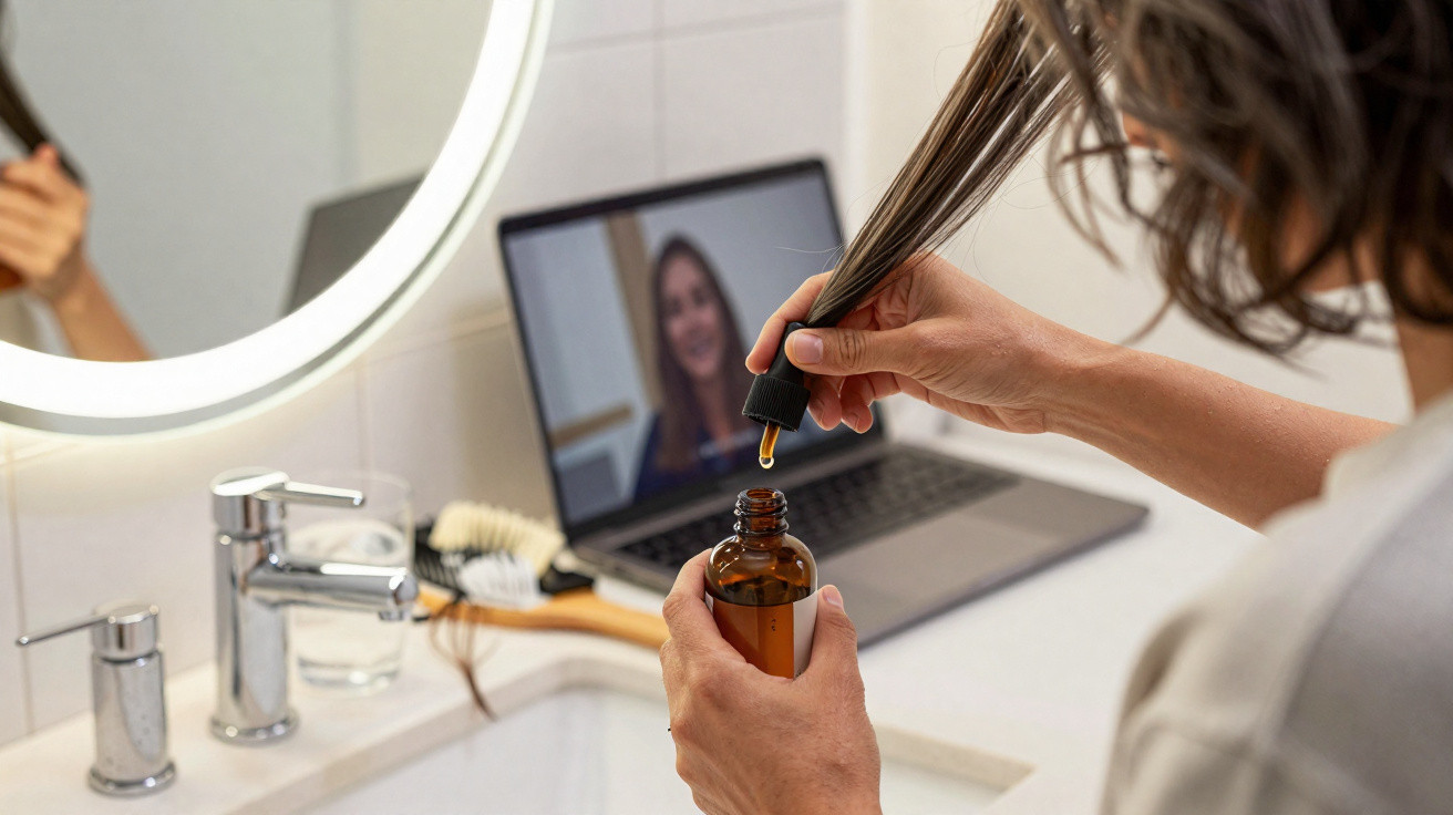 Pessoa aplicando óleo capilar no cabelo perante um espelho circular e um computador portátil com videochamada.