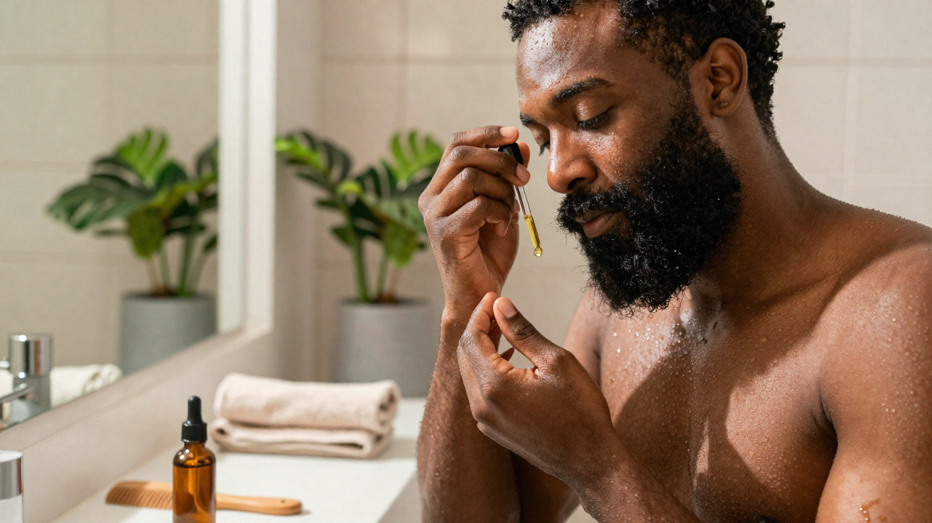 Homem com barba aplica óleo facial com conta-gotas num ambiente de casa de banho.