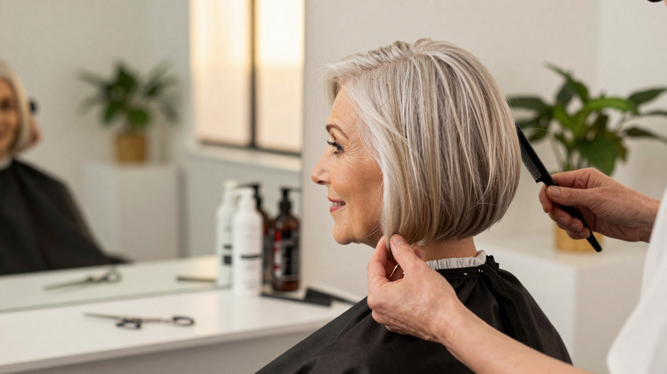 Mulher de cabelo curto grisalho a ser penteada por cabeleireiro num salão moderno e iluminado.