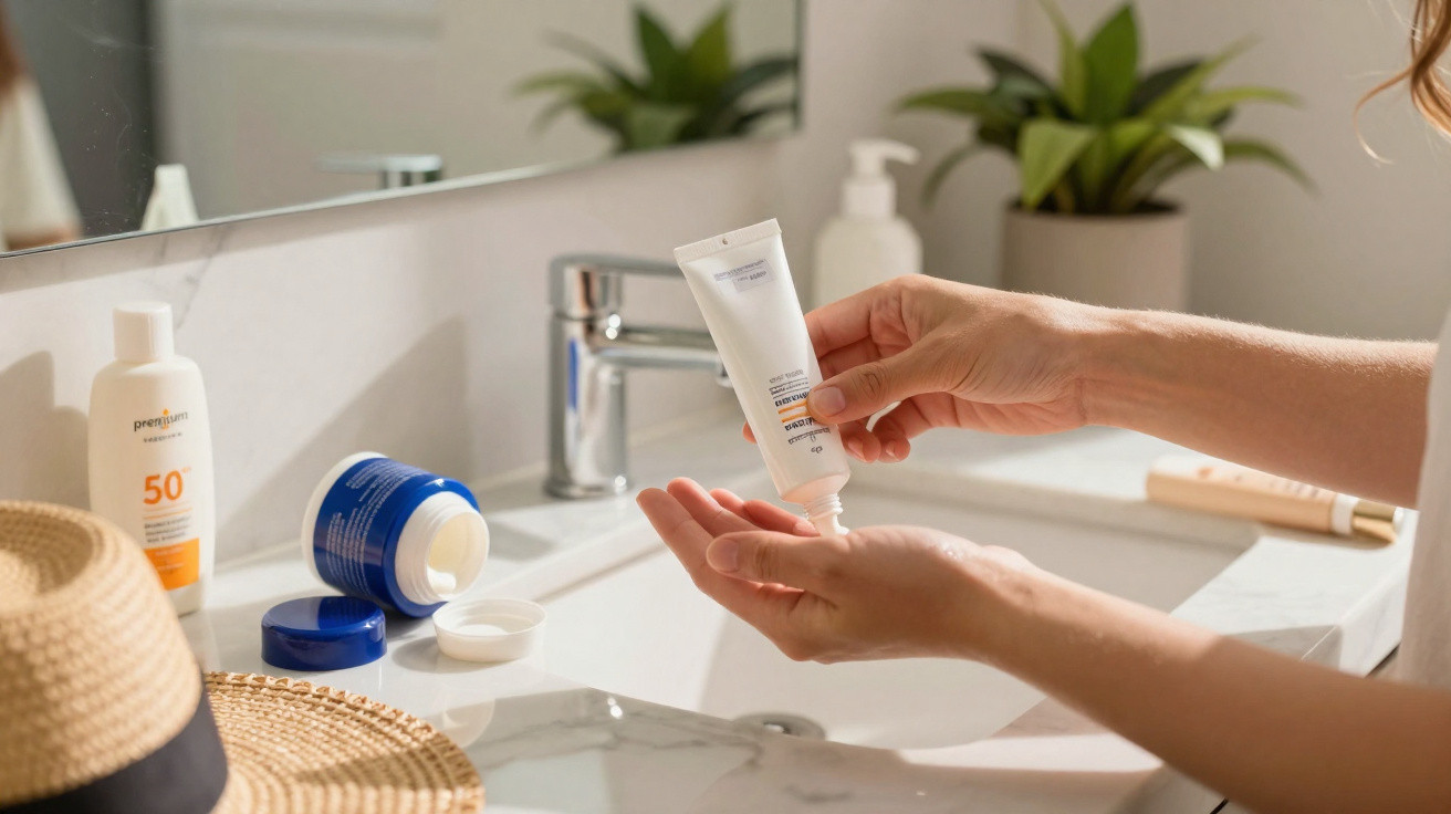 Pessoa a colocar creme nas mãos numa casa de banho com produtos de cuidado e chapéu de palha na bancada.