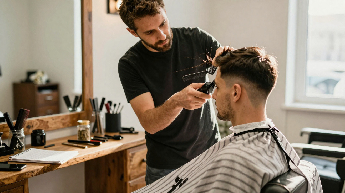 Barbeiro a cortar o cabelo de cliente numa barbearia moderna com espelho e luz natural.