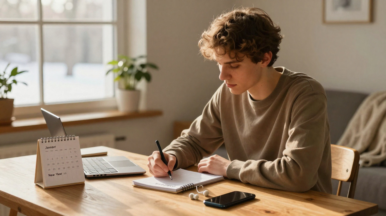 Jovem a estudar e escrever num caderno sentado numa mesa com computador portátil e telemóvel.