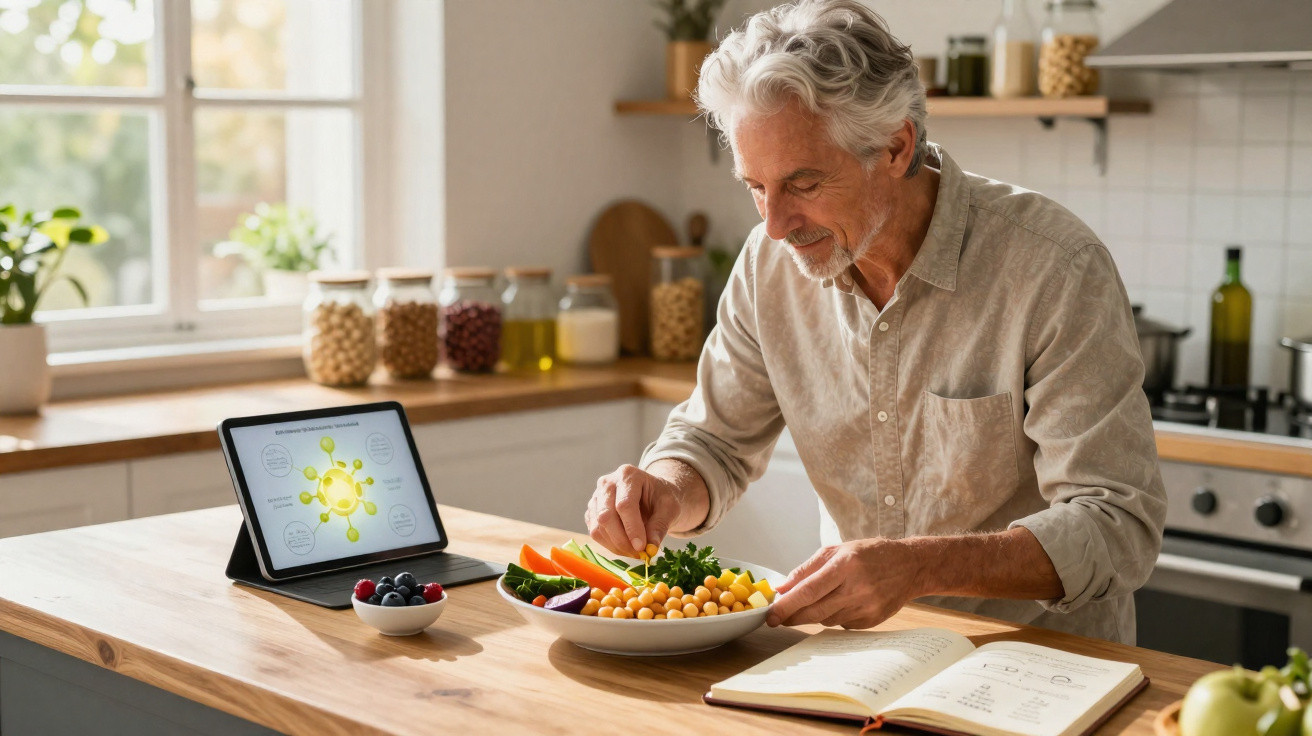 Homem idoso preparado a decorar uma tigela de salada com vegetais na cozinha moderna.